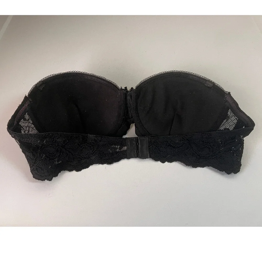 Q-T Intimates Womens 36C Strapless Bra Black Lace Padded Underwire 146